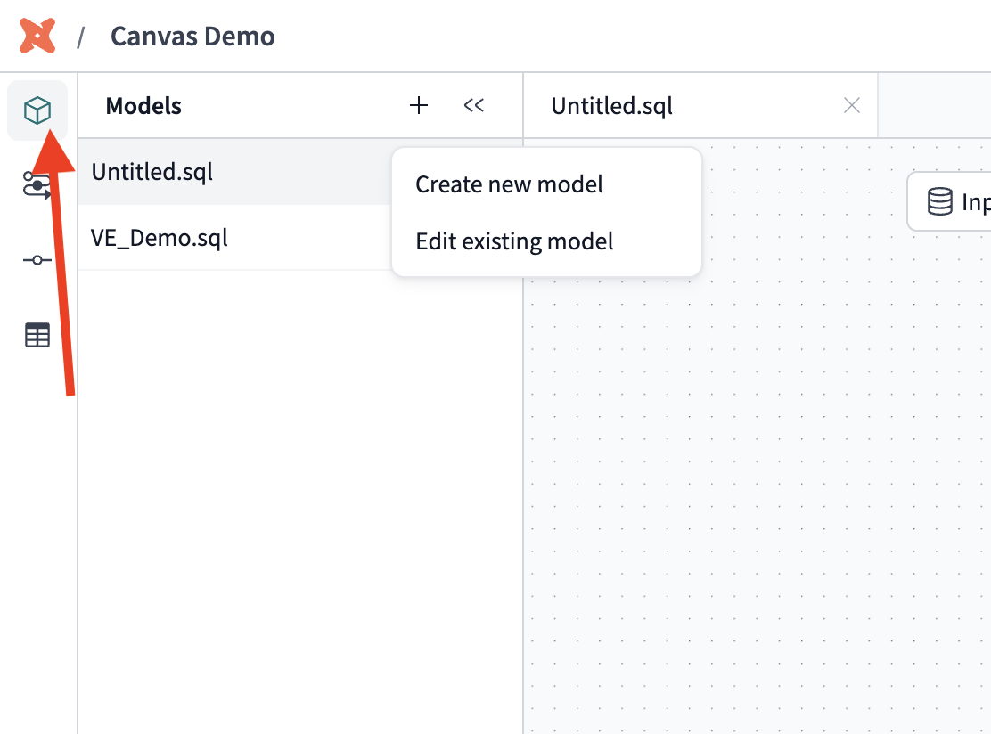 Create a new model from the Canvas landing page. Create a new model from the Canvas landing page.